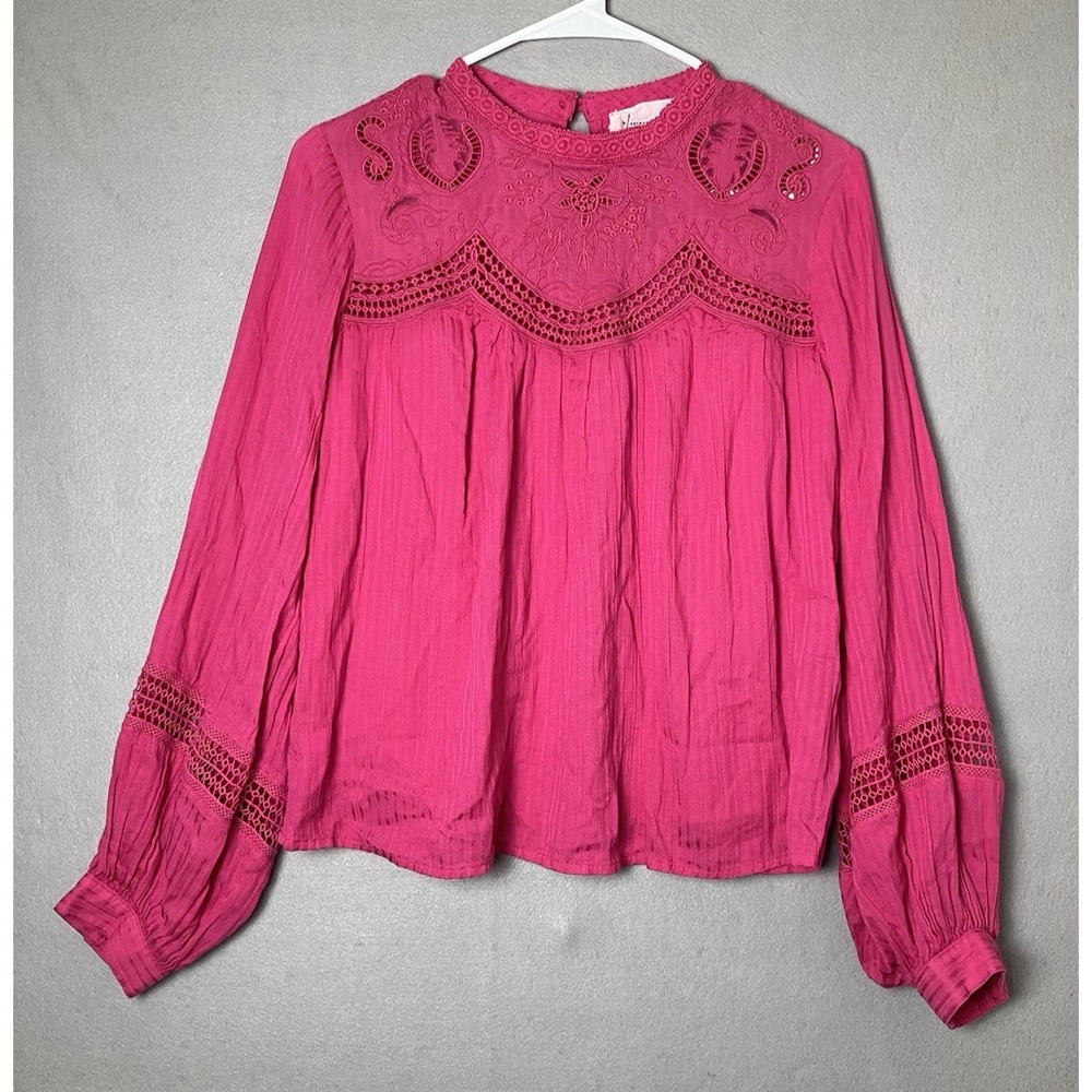 Anthropologie Harmony Eyelet Blouse Fuchsia Pink Boho Peasant Women's Small